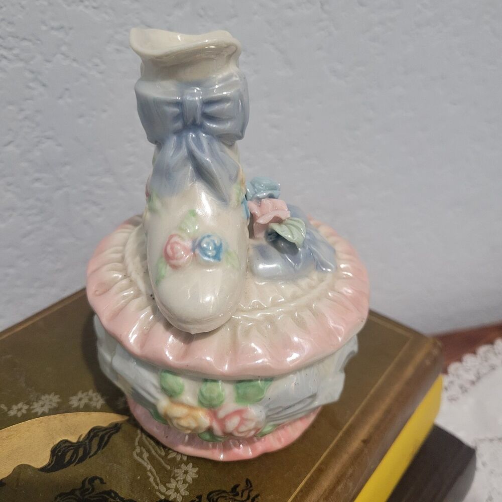 Vtg Lusterware Victorian Boot Flowers Trinket Box Ring Box Romantic Coquet